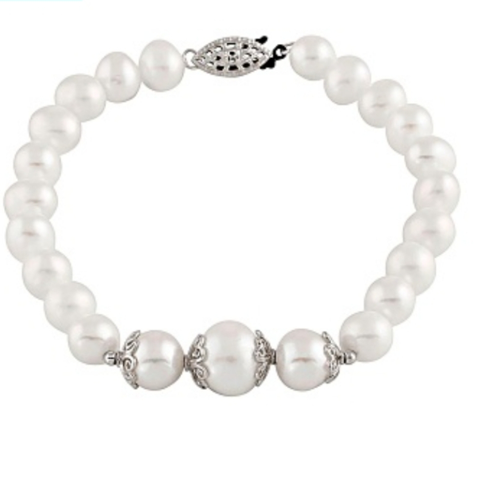 WHITE CULTURED FRESHWATER PEARL STERLING SILVER BRACELET 7.5 - Picture 6 of 6